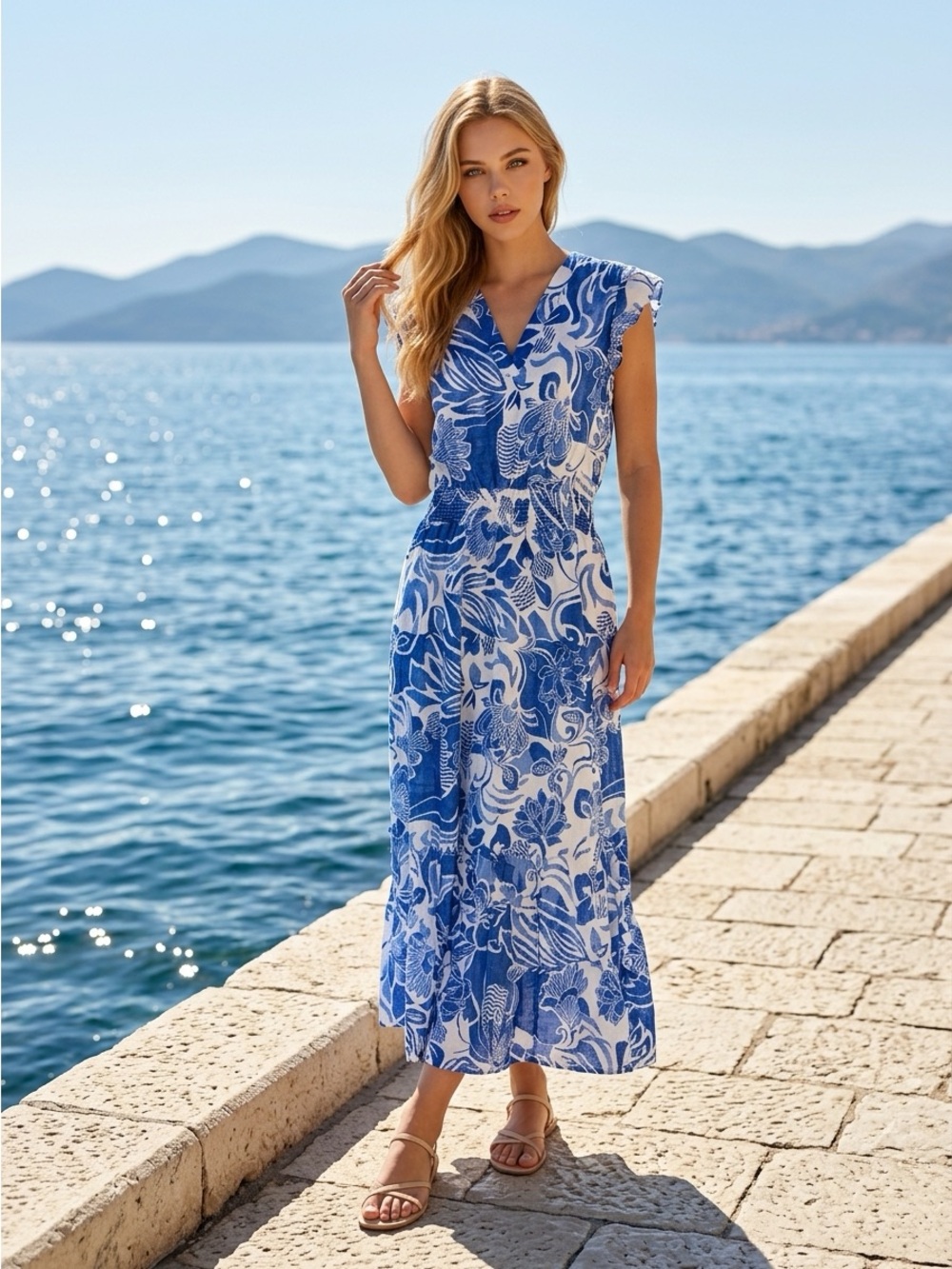 Blue Floral V-Neck Maxi Dress